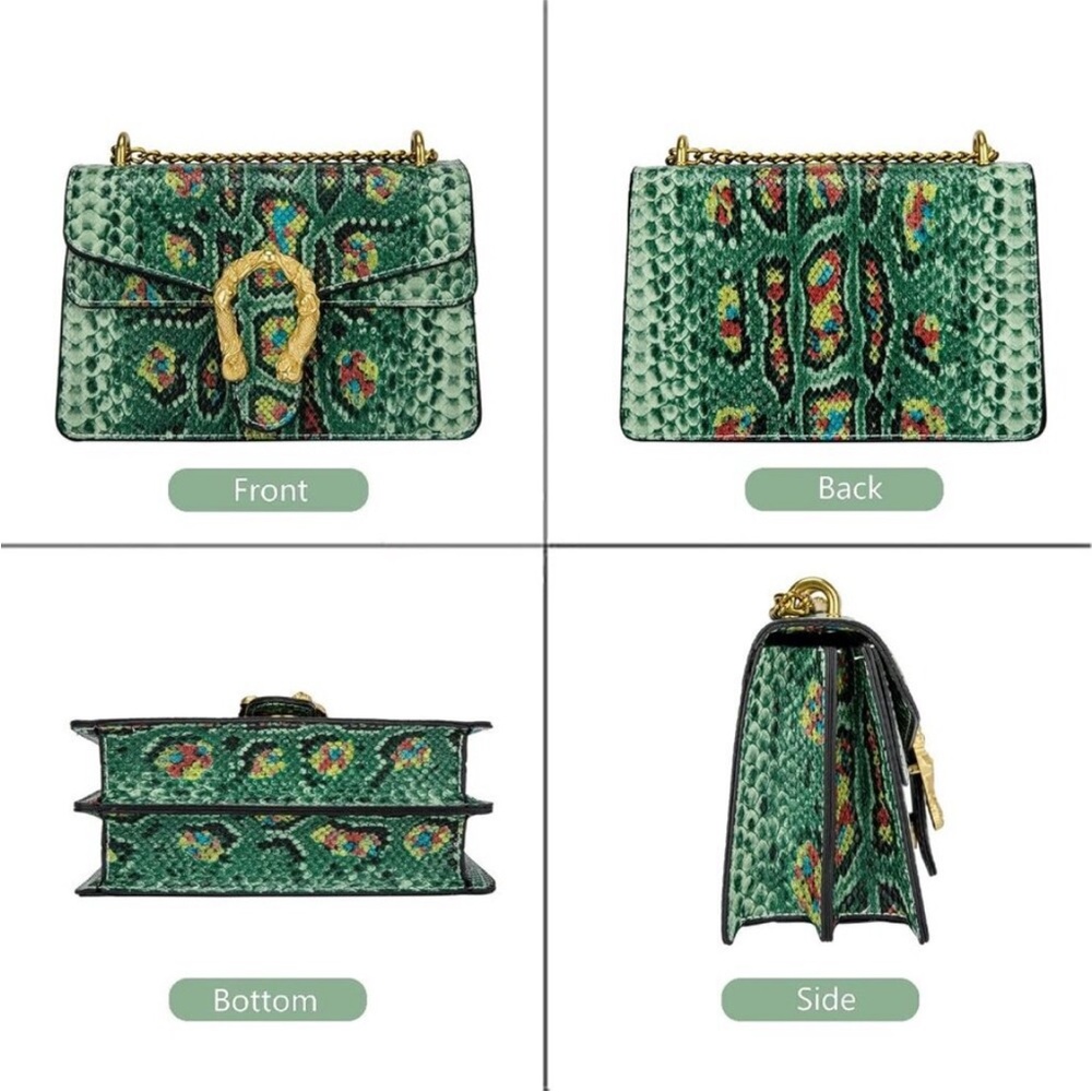 Luxury Green SnakeskinVegan Leather Gold Chain Purse Crossbody Satchel Bag - Picture 7 of 9